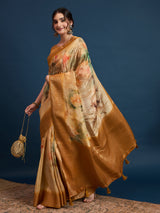 KUSUM KALA-Royal Mustard Gold Floral Banarasi Silk Saree with Elegant Zari Border