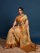 KUSUM KALA-Royal Mustard Gold Floral Banarasi Silk Saree with Elegant Zari Border
