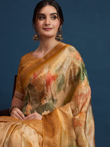 KUSUM KALA-Royal Mustard Gold Floral Banarasi Silk Saree with Elegant Zari Border