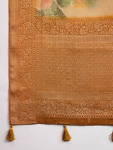 KUSUM KALA-Royal Mustard Gold Floral Banarasi Silk Saree with Elegant Zari Border