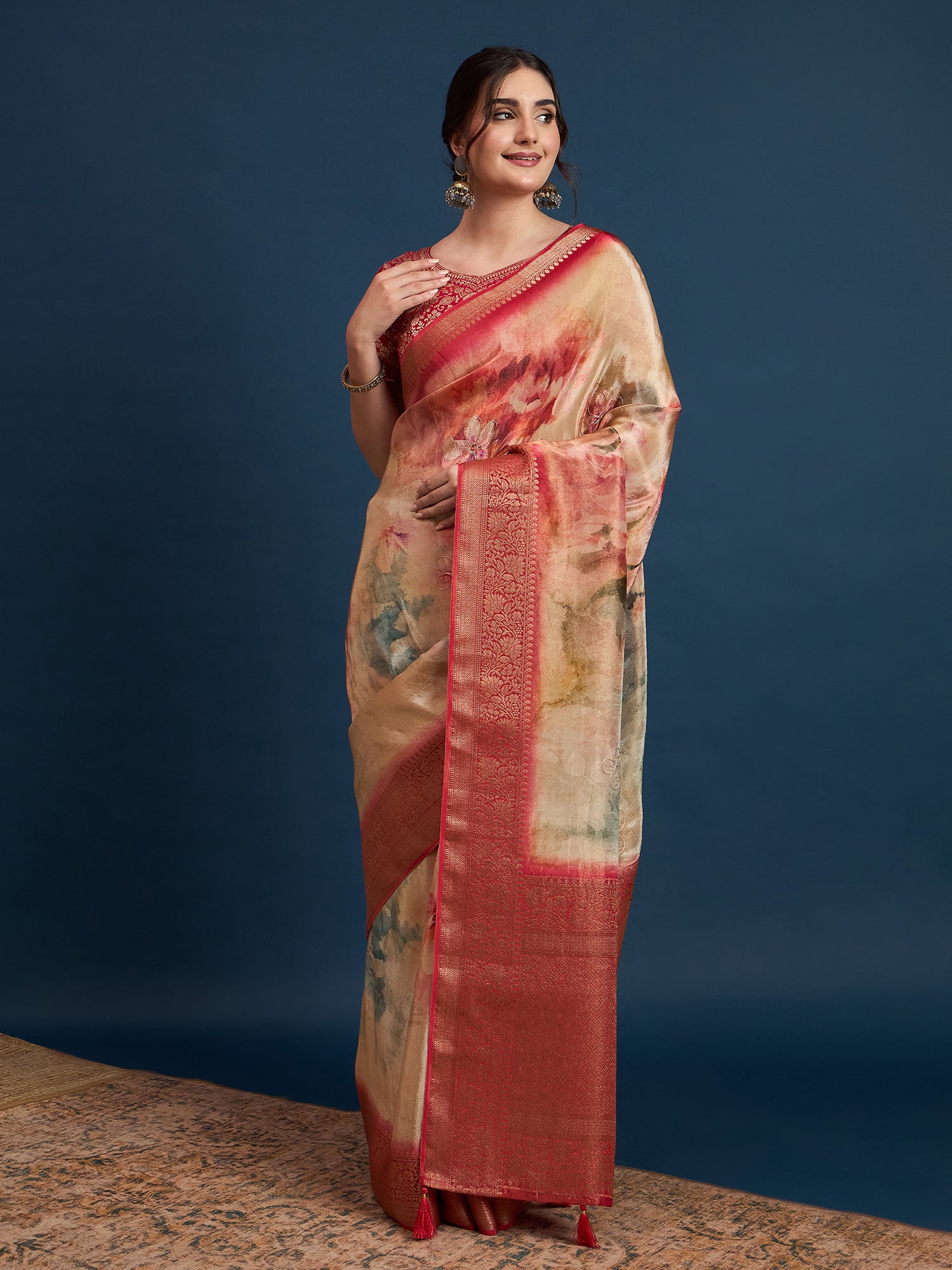 KUSUM KALA-Beige & Crimson Banarasi Floral Art Silk Saree