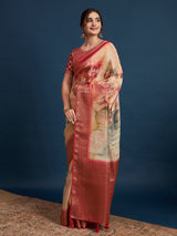 KUSUM KALA-Beige & Crimson Banarasi Floral Art Silk Saree