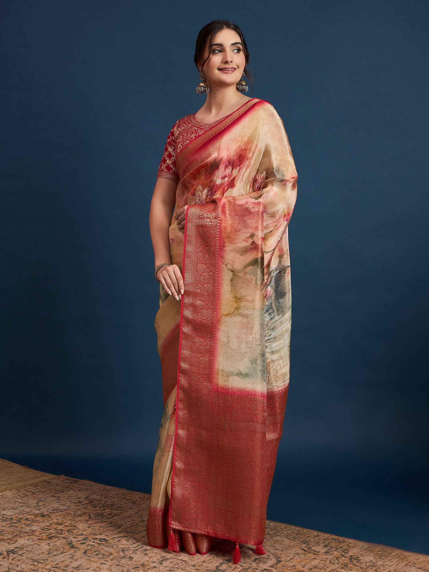 KUSUM KALA-Beige & Crimson Banarasi Floral Art Silk Saree