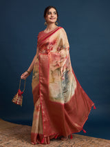 KUSUM KALA-Beige & Crimson Banarasi Floral Art Silk Saree