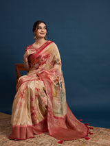 KUSUM KALA-Beige & Crimson Banarasi Floral Art Silk Saree