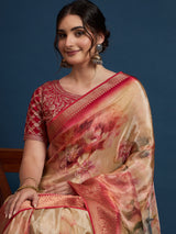 KUSUM KALA-Beige & Crimson Banarasi Floral Art Silk Saree