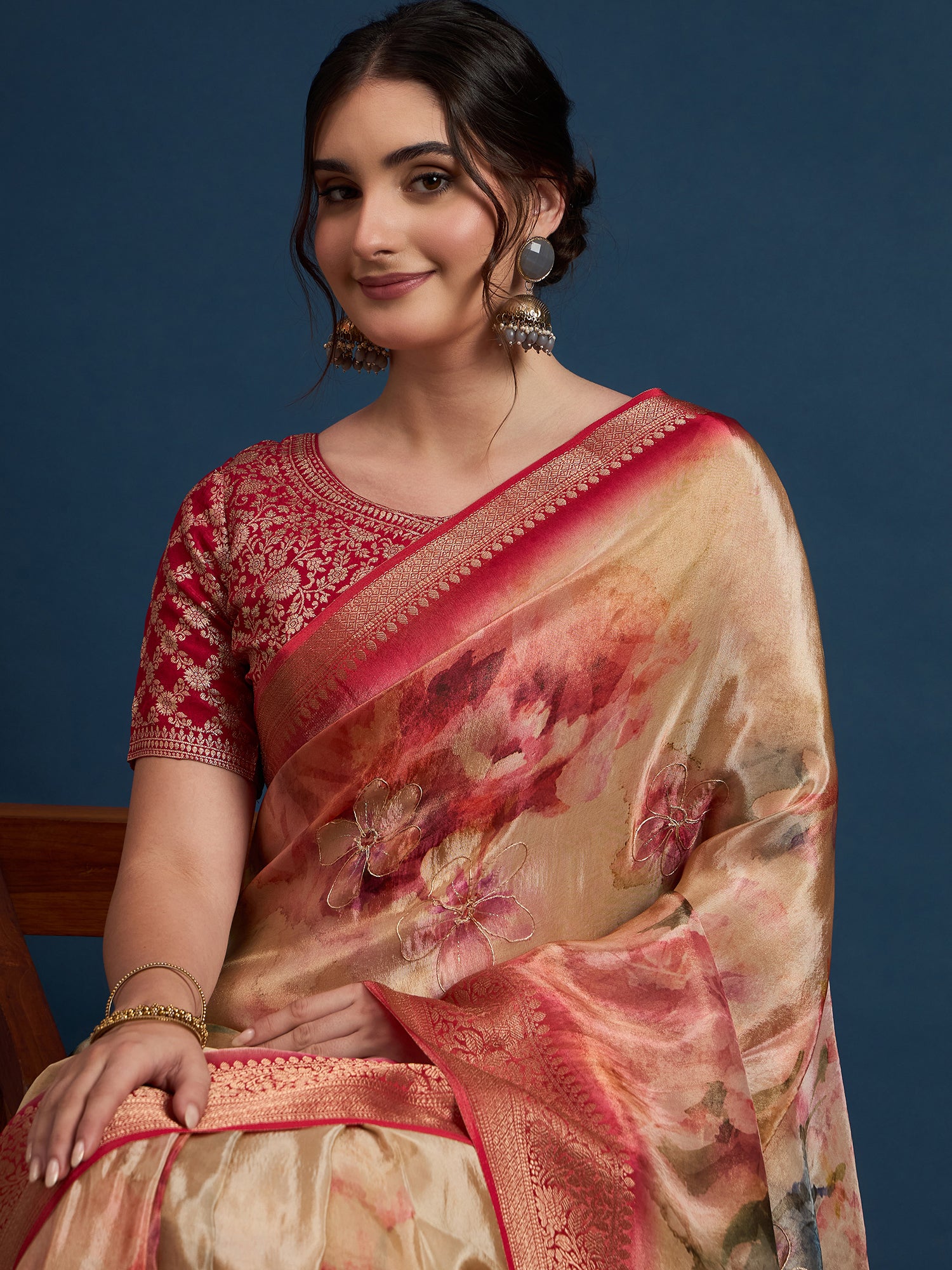 KUSUM KALA-Beige & Crimson Banarasi Floral Art Silk Saree