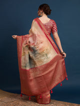 KUSUM KALA-Beige & Crimson Banarasi Floral Art Silk Saree