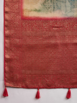 KUSUM KALA-Beige & Crimson Banarasi Floral Art Silk Saree