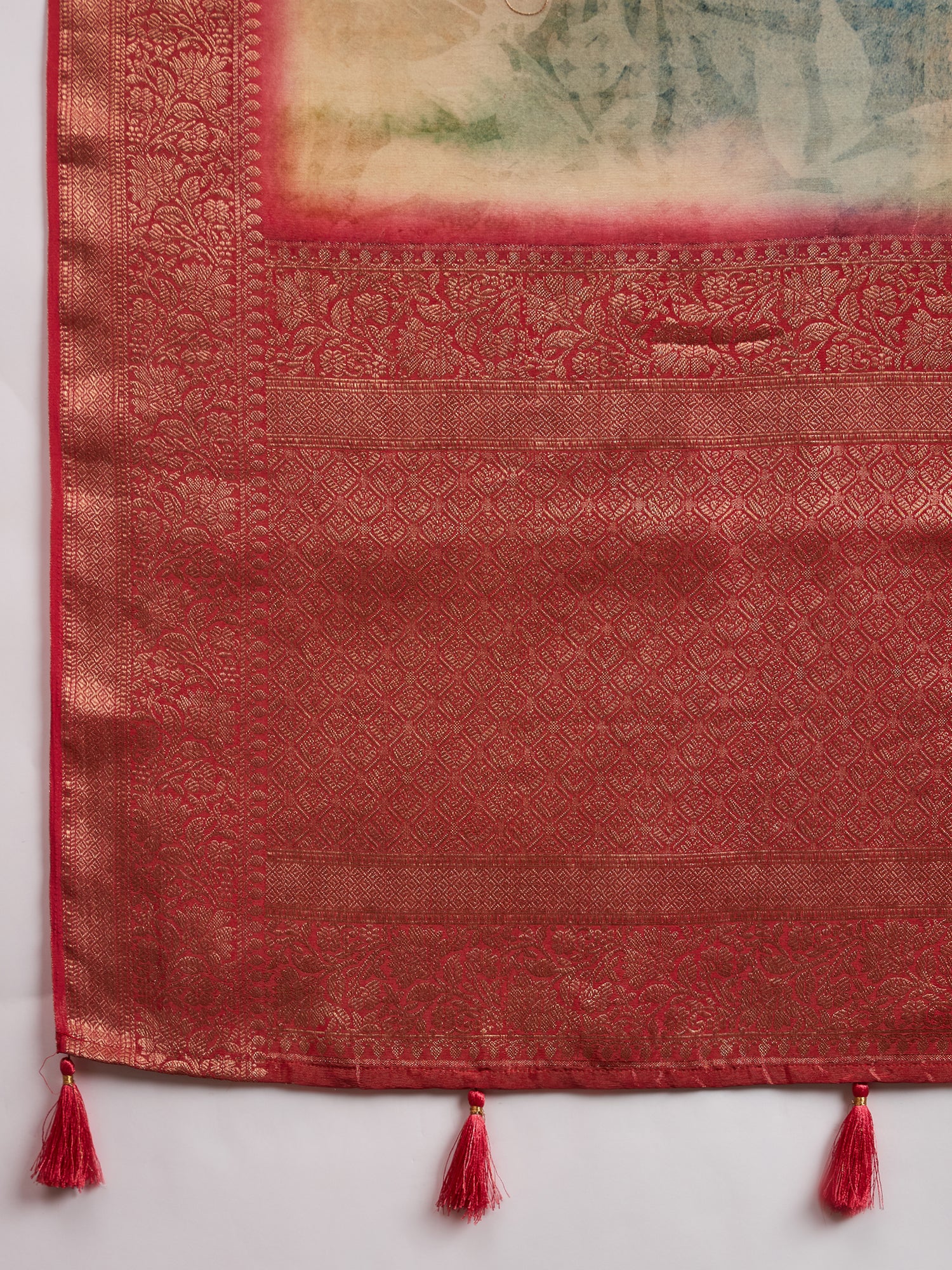 KUSUM KALA-Beige & Crimson Banarasi Floral Art Silk Saree