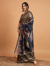 TARANG-Elegant Coffee Brown Designer Saree with Silver Buti Work & Artistic Printed Pallu