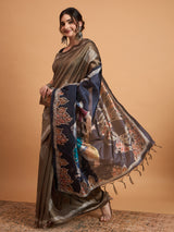 TARANG-Elegant Coffee Brown Designer Saree with Silver Buti Work & Artistic Printed Pallu