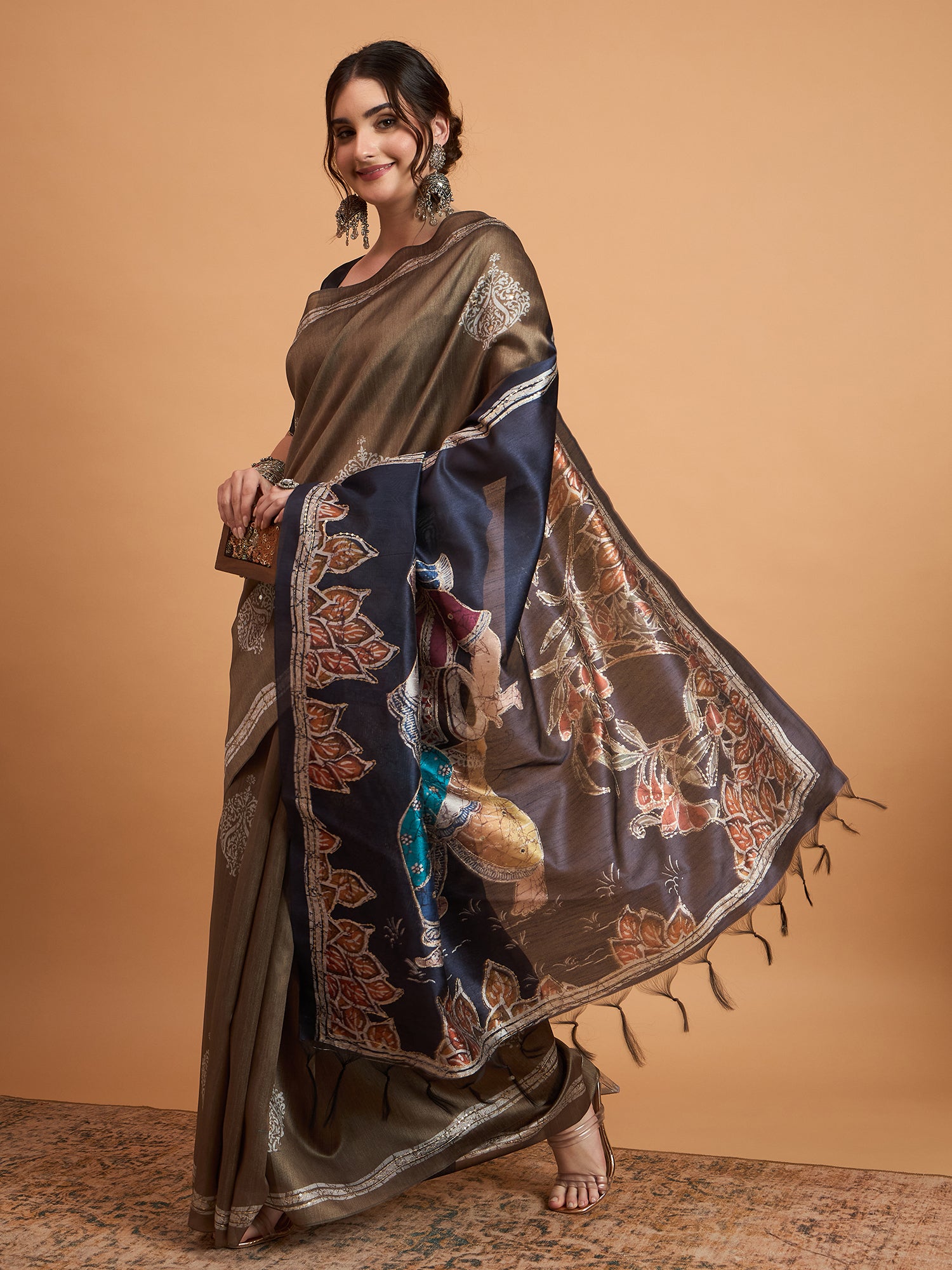 TARANG-Elegant Coffee Brown Designer Saree with Silver Buti Work & Artistic Printed Pallu