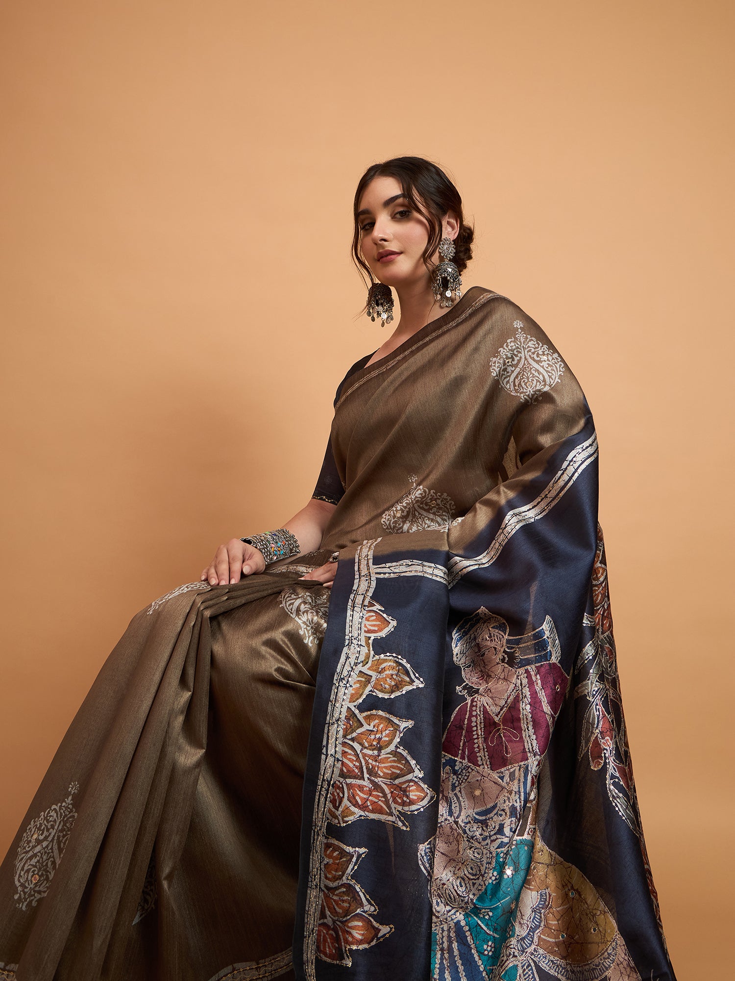 TARANG-Elegant Coffee Brown Designer Saree with Silver Buti Work & Artistic Printed Pallu