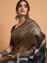 TARANG-Elegant Coffee Brown Designer Saree with Silver Buti Work & Artistic Printed Pallu