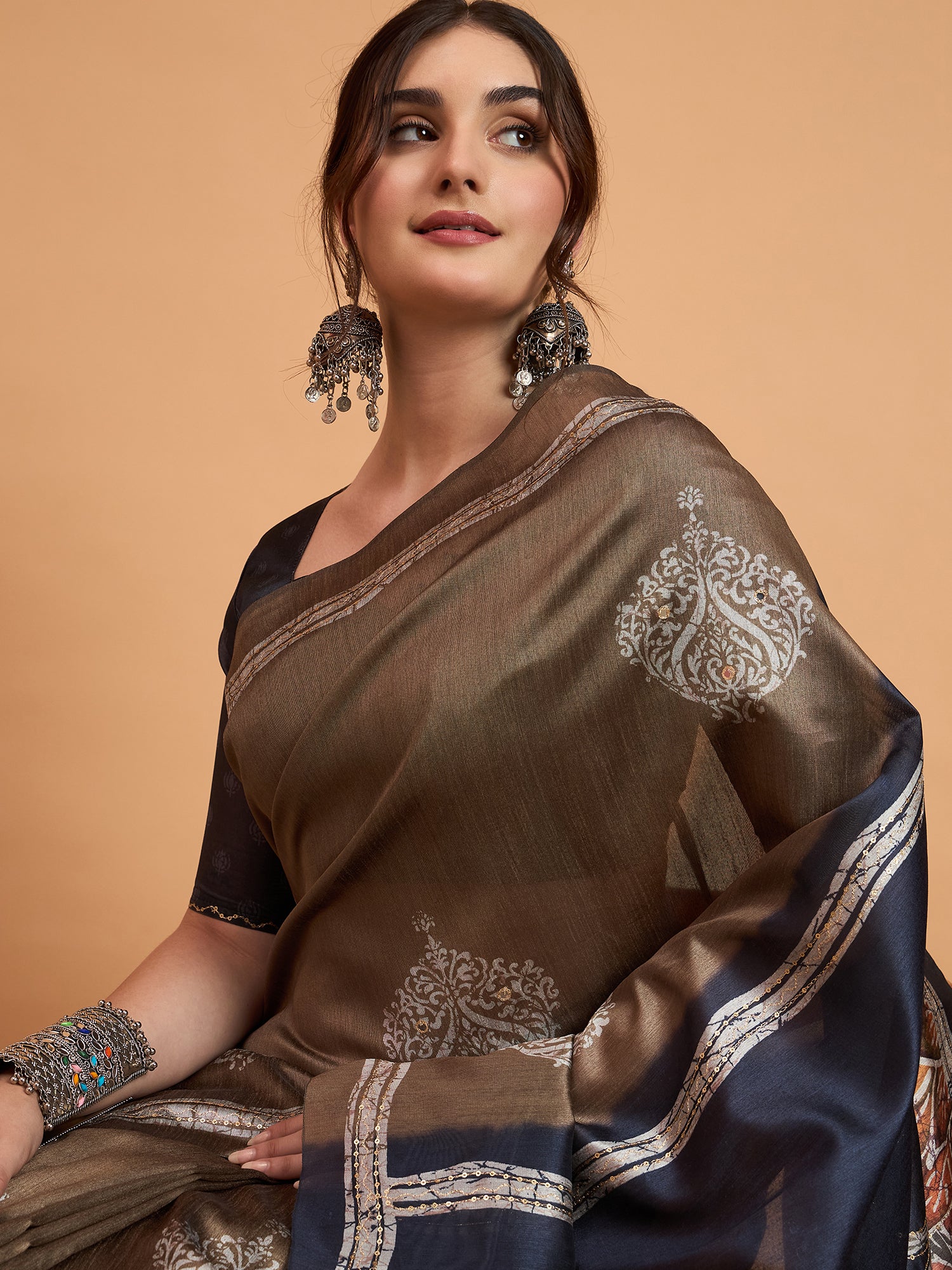 TARANG-Elegant Coffee Brown Designer Saree with Silver Buti Work & Artistic Printed Pallu