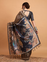 TARANG-Elegant Coffee Brown Designer Saree with Silver Buti Work & Artistic Printed Pallu