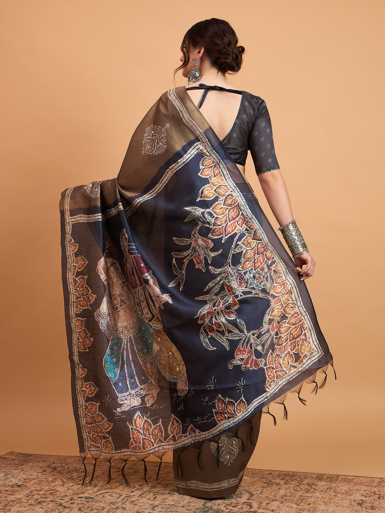 TARANG-Elegant Coffee Brown Designer Saree with Silver Buti Work & Artistic Printed Pallu