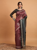 TARANG-Elegant Maroon Silk Saree with Silver Zari Motifs & Contrast Black Pallu