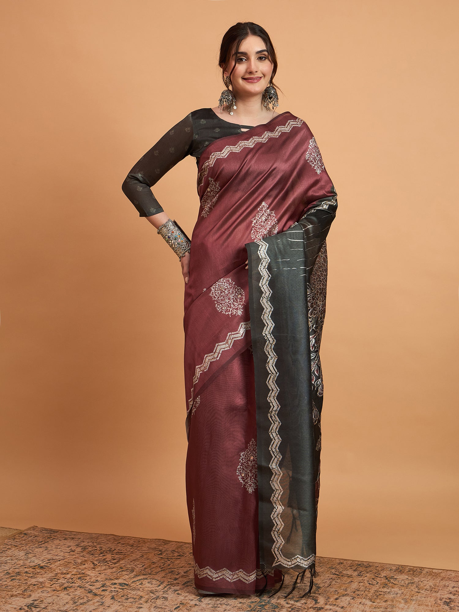 TARANG-Elegant Maroon Silk Saree with Silver Zari Motifs & Contrast Black Pallu