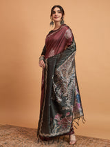 TARANG-Elegant Maroon Silk Saree with Silver Zari Motifs & Contrast Black Pallu