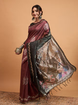 TARANG-Elegant Maroon Silk Saree with Silver Zari Motifs & Contrast Black Pallu