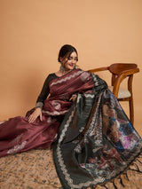 TARANG-Elegant Maroon Silk Saree with Silver Zari Motifs & Contrast Black Pallu