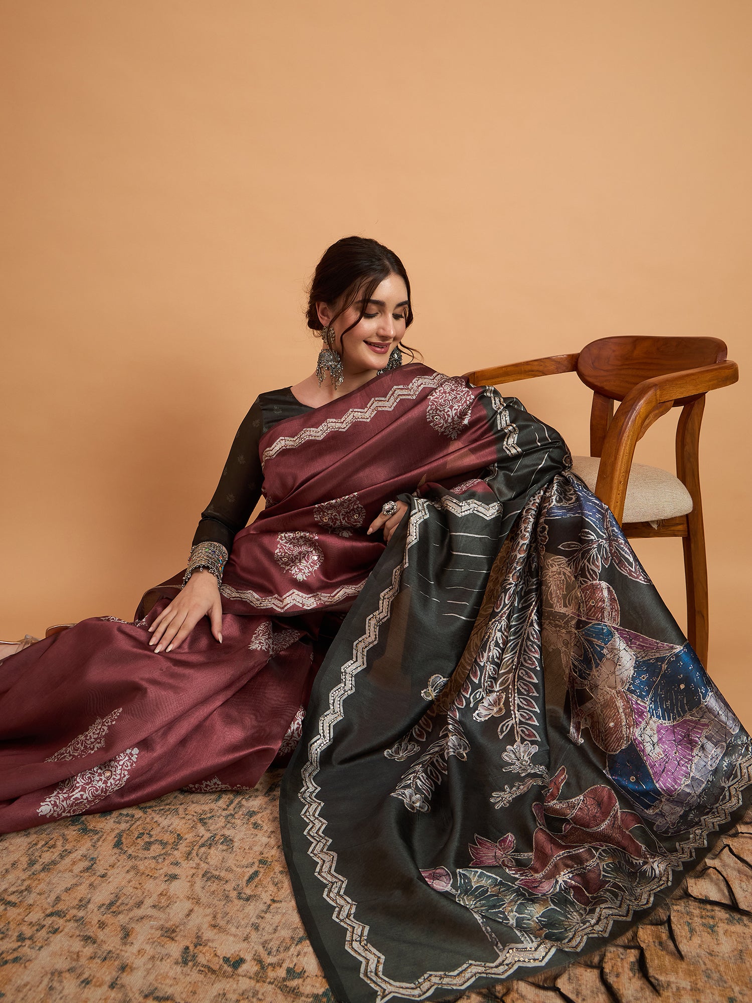 TARANG-Elegant Maroon Silk Saree with Silver Zari Motifs & Contrast Black Pallu