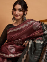 TARANG-Elegant Maroon Silk Saree with Silver Zari Motifs & Contrast Black Pallu