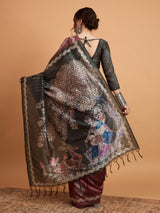 TARANG-Elegant Maroon Silk Saree with Silver Zari Motifs & Contrast Black Pallu