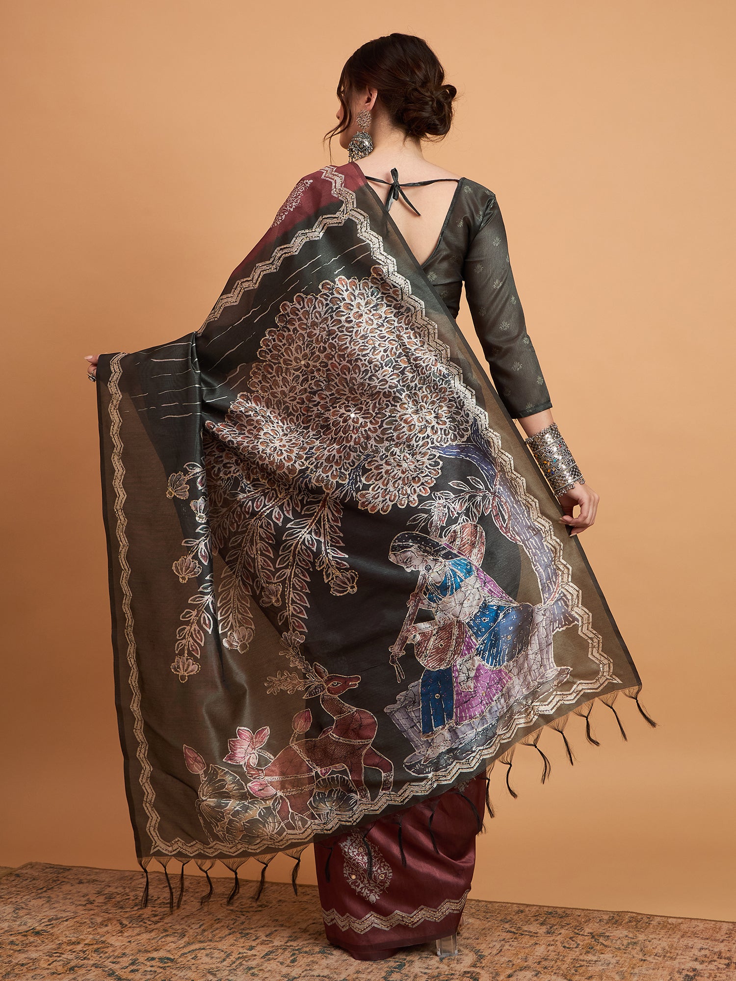 TARANG-Elegant Maroon Silk Saree with Silver Zari Motifs & Contrast Black Pallu
