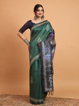 TARANG-Elegant Emerald Green Silk Saree with Silver Zari Motifs & Artistic Contrast Pallu