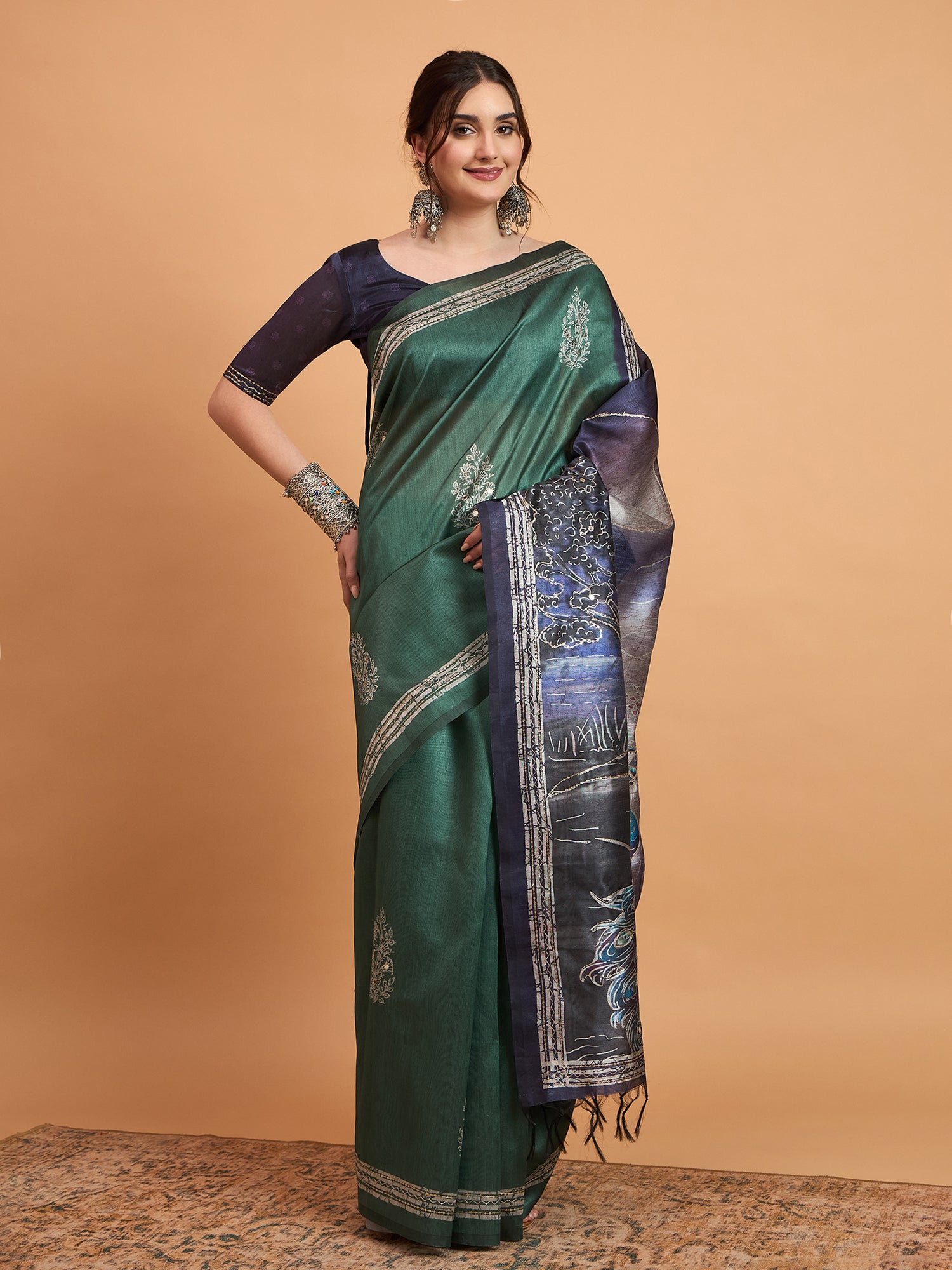 TARANG-Elegant Emerald Green Silk Saree with Silver Zari Motifs & Artistic Contrast Pallu