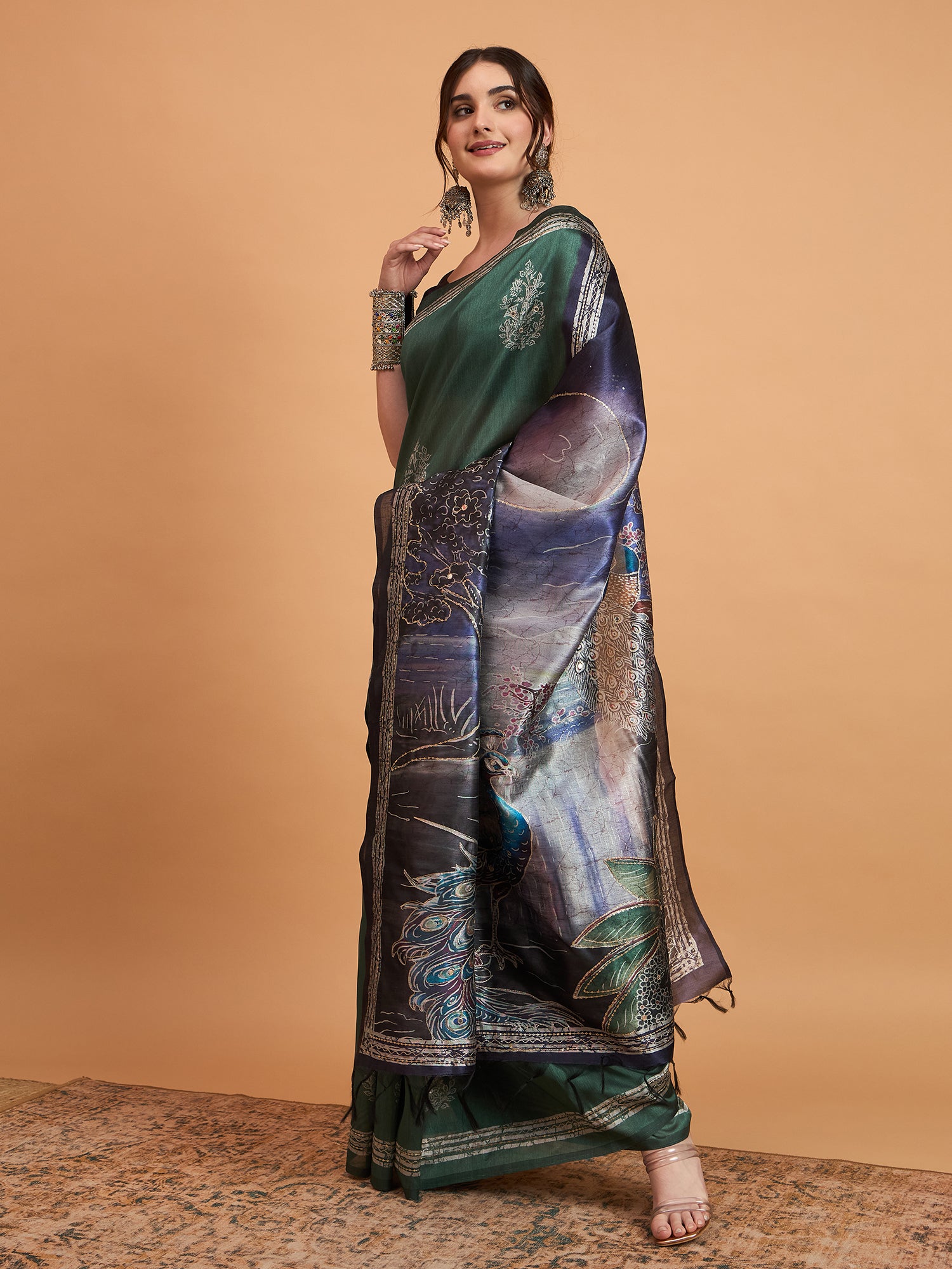 TARANG-Elegant Emerald Green Silk Saree with Silver Zari Motifs & Artistic Contrast Pallu