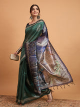 TARANG-Elegant Emerald Green Silk Saree with Silver Zari Motifs & Artistic Contrast Pallu