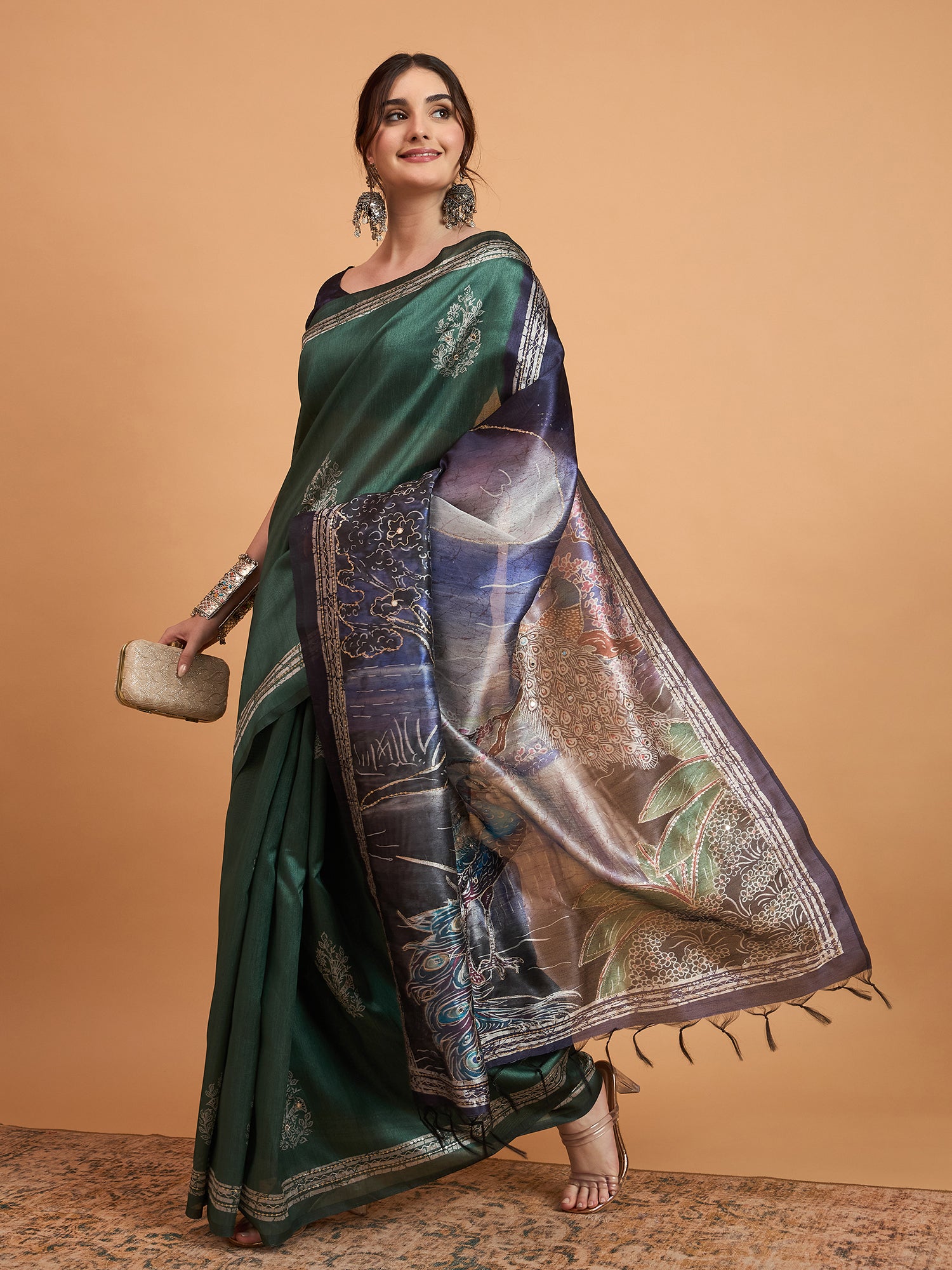 TARANG-Elegant Emerald Green Silk Saree with Silver Zari Motifs & Artistic Contrast Pallu