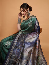 TARANG-Elegant Emerald Green Silk Saree with Silver Zari Motifs & Artistic Contrast Pallu