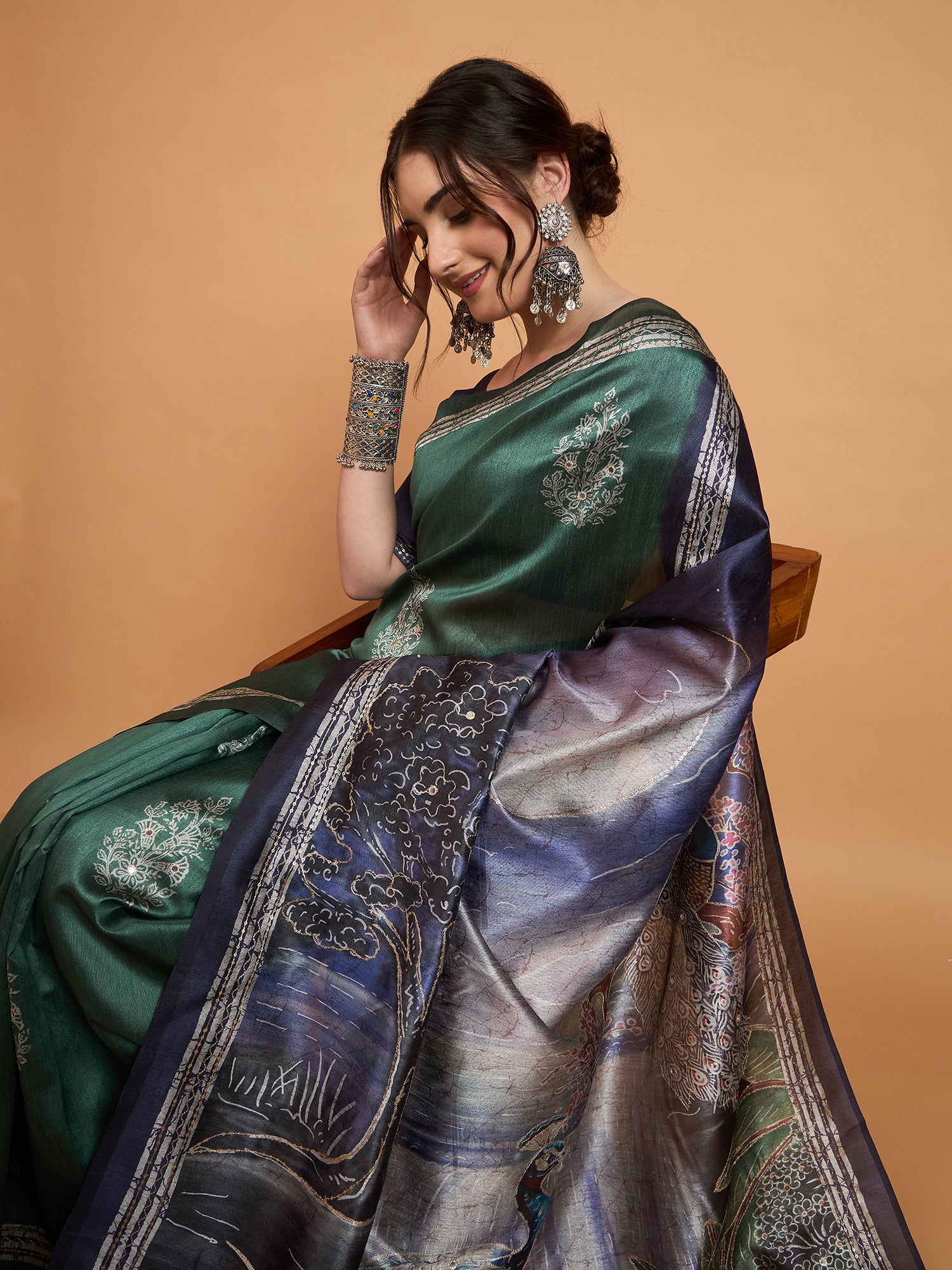 TARANG-Elegant Emerald Green Silk Saree with Silver Zari Motifs & Artistic Contrast Pallu