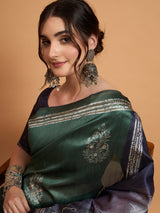 TARANG-Elegant Emerald Green Silk Saree with Silver Zari Motifs & Artistic Contrast Pallu