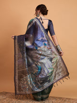 TARANG-Elegant Emerald Green Silk Saree with Silver Zari Motifs & Artistic Contrast Pallu