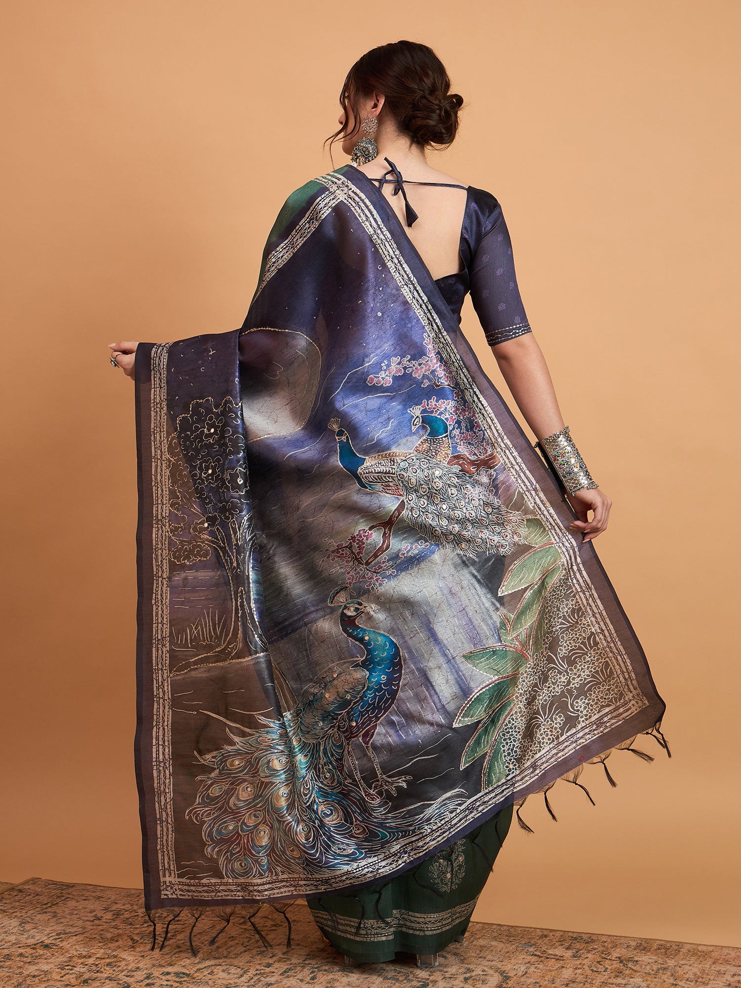 TARANG-Elegant Emerald Green Silk Saree with Silver Zari Motifs & Artistic Contrast Pallu