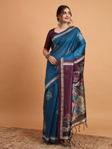 TARANG-Elegant Teal Blue Designer Saree with Silver Buti Work & Artistic Contrast Pallu