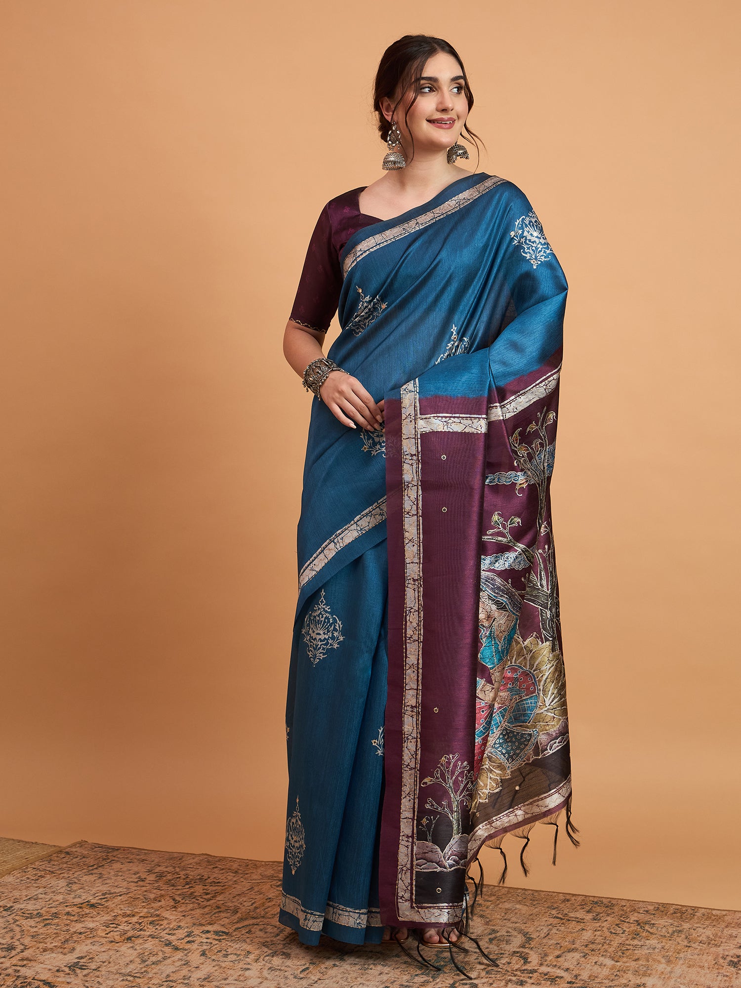 TARANG-Elegant Teal Blue Designer Saree with Silver Buti Work & Artistic Contrast Pallu