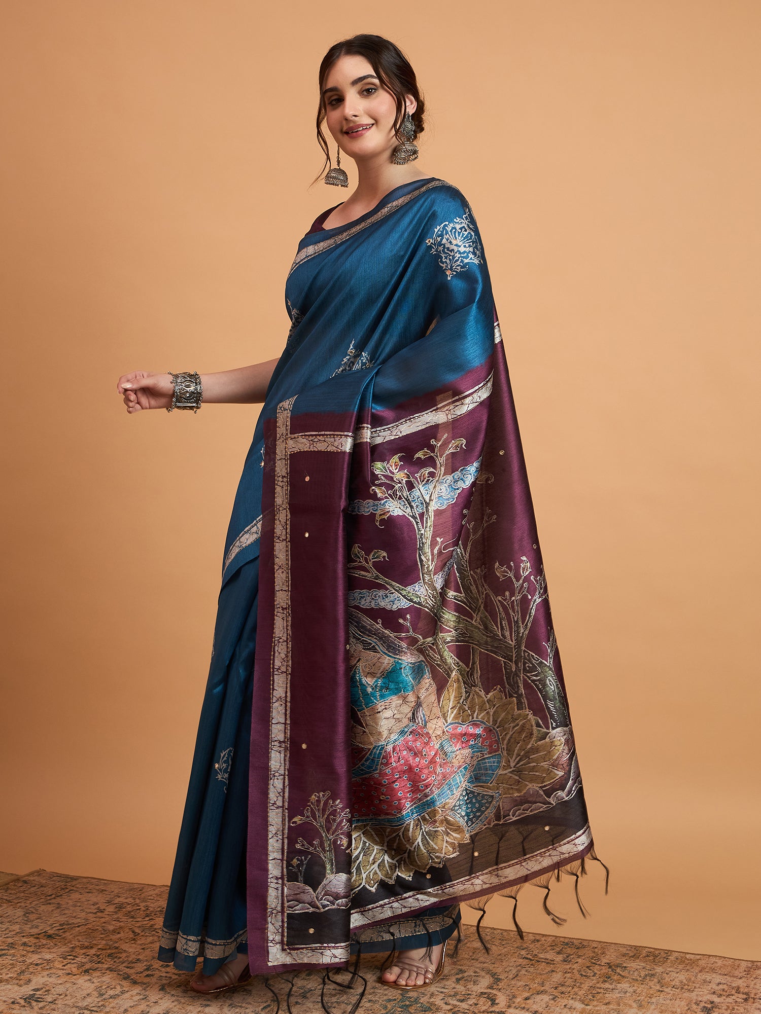TARANG-Elegant Teal Blue Designer Saree with Silver Buti Work & Artistic Contrast Pallu