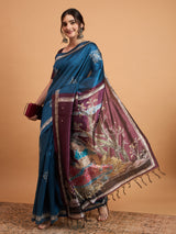 TARANG-Elegant Teal Blue Designer Saree with Silver Buti Work & Artistic Contrast Pallu