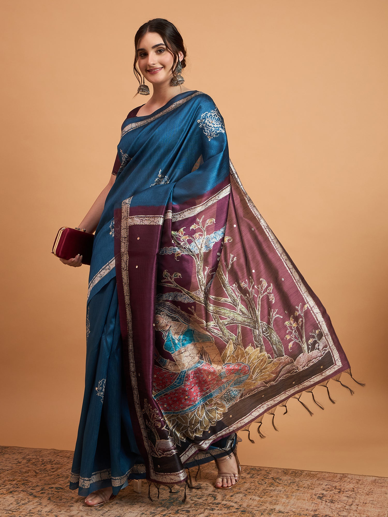 TARANG-Elegant Teal Blue Designer Saree with Silver Buti Work & Artistic Contrast Pallu