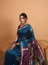 TARANG-Elegant Teal Blue Designer Saree with Silver Buti Work & Artistic Contrast Pallu