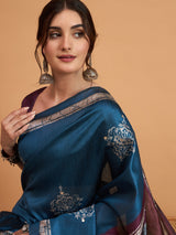 TARANG-Elegant Teal Blue Designer Saree with Silver Buti Work & Artistic Contrast Pallu