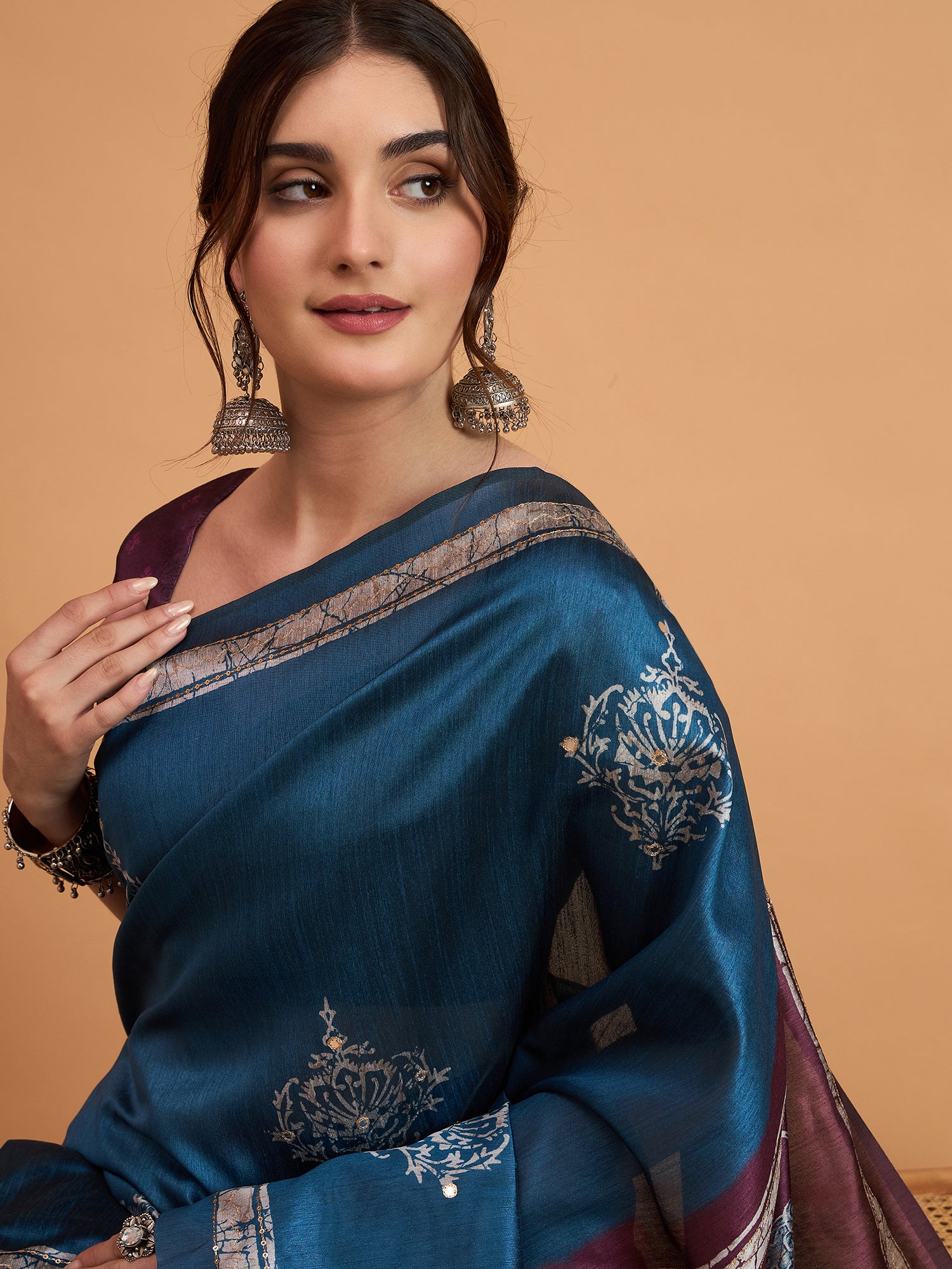 TARANG-Elegant Teal Blue Designer Saree with Silver Buti Work & Artistic Contrast Pallu