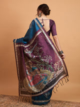 TARANG-Elegant Teal Blue Designer Saree with Silver Buti Work & Artistic Contrast Pallu